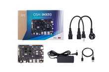 Load image into Gallery viewer, Product box including I-Pi OSM IMX93 dev kit (NXP i.MX93 SoC), 110/220 VAC to 19VDC adapter, power cable (US/EU), and Micro USB cable
