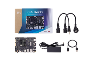 Product box including I-Pi OSM IMX93 dev kit (NXP i.MX93 SoC), 110/220 VAC to 19VDC adapter, power cable (US/EU), and Micro USB cable