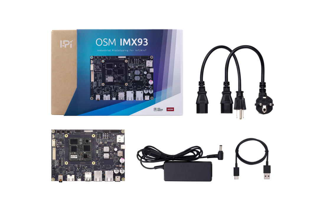 Product box including I-Pi OSM IMX93 dev kit (NXP i.MX93 SoC), 110/220 VAC to 19VDC adapter, power cable (US/EU), and Micro USB cable